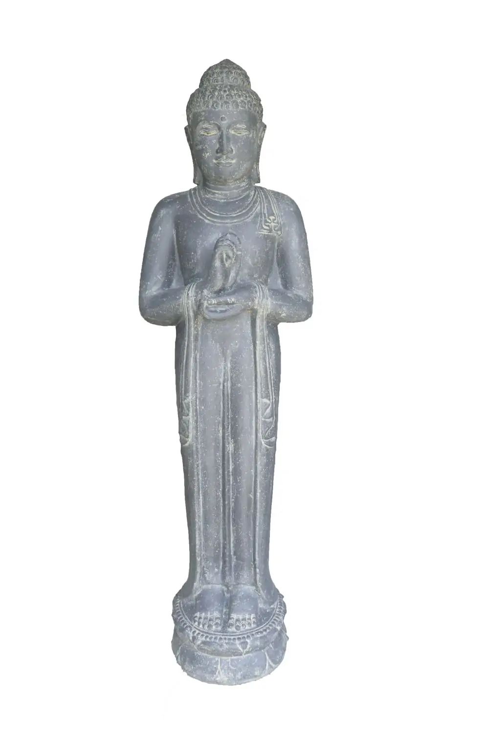Artikelbild 1 des Artikels “Stehender Buddha Rad der Lehre, Indien, 192 cm Höhe, Kunststein, hohl, handgefertigt & farbig. Eingefaerbt in der Farbe Antik-Finish “
